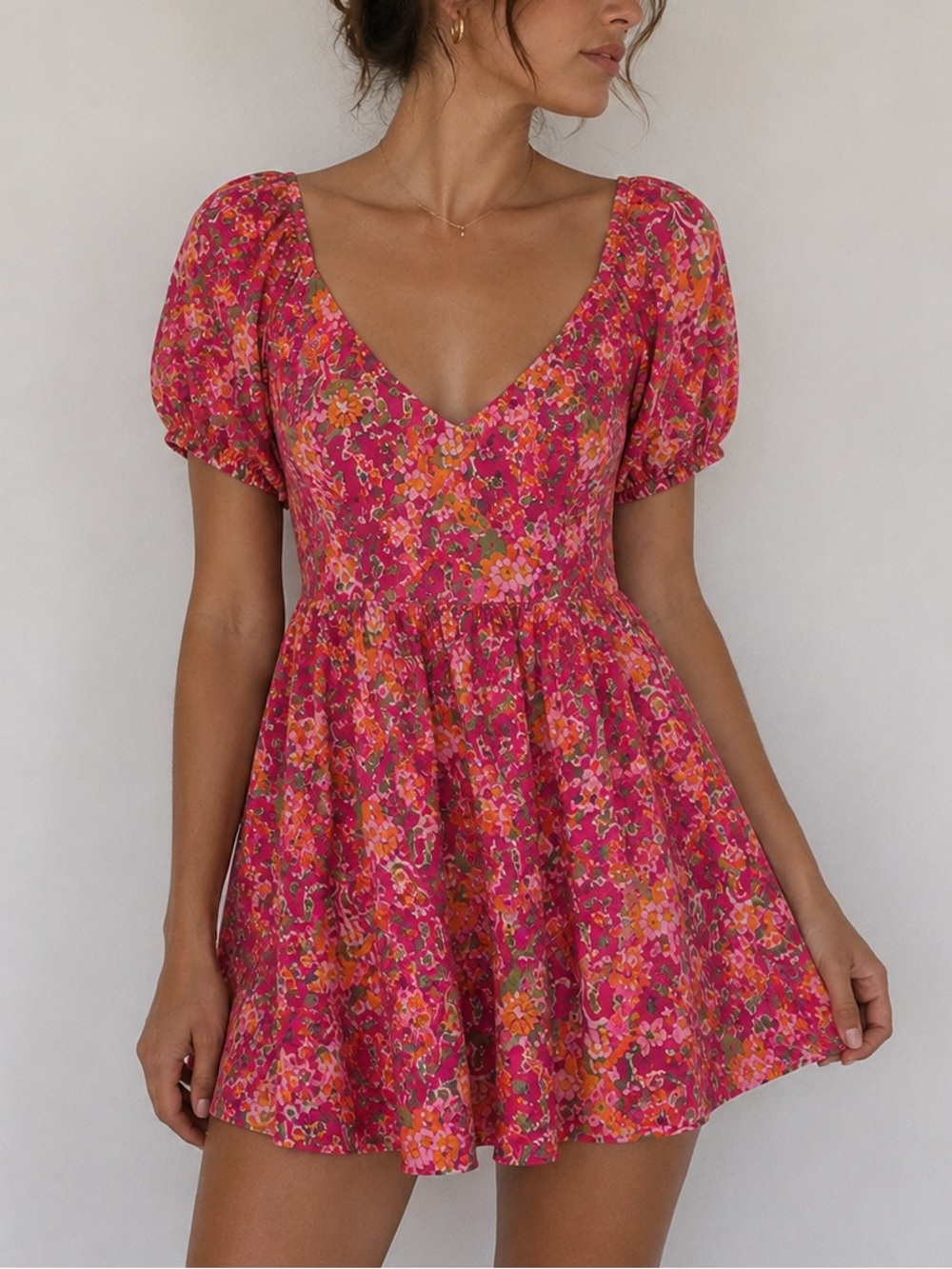 RESA Amber Floral Mini Dress Size S Pink Puff Sleeve Open Back Tie